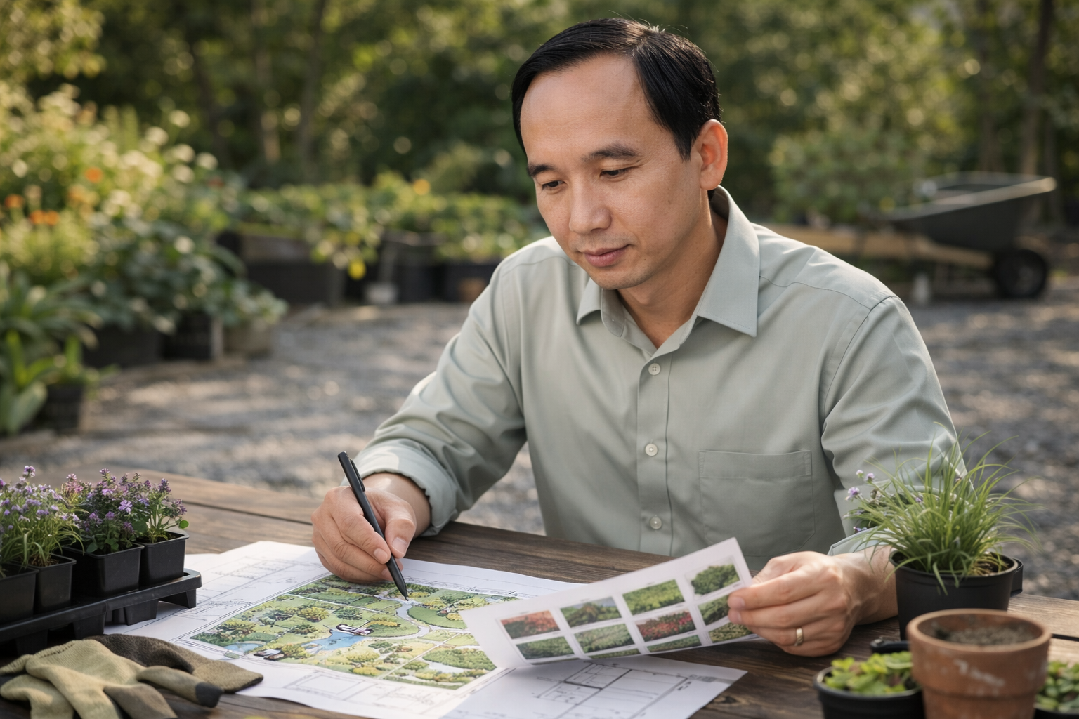 Landscaper reviewing garden plans