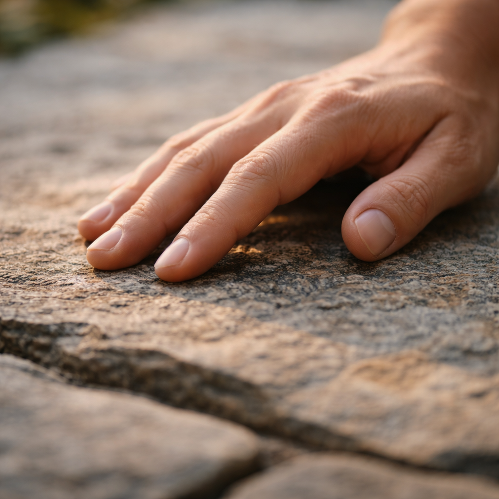 Close-up of a hand touching a textured stone surface