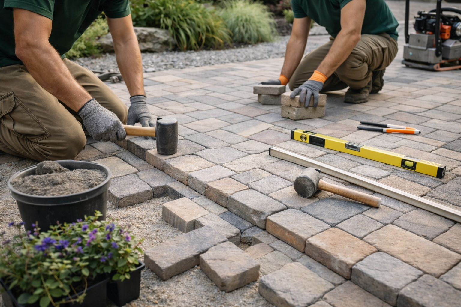 Stone patio installation in progress