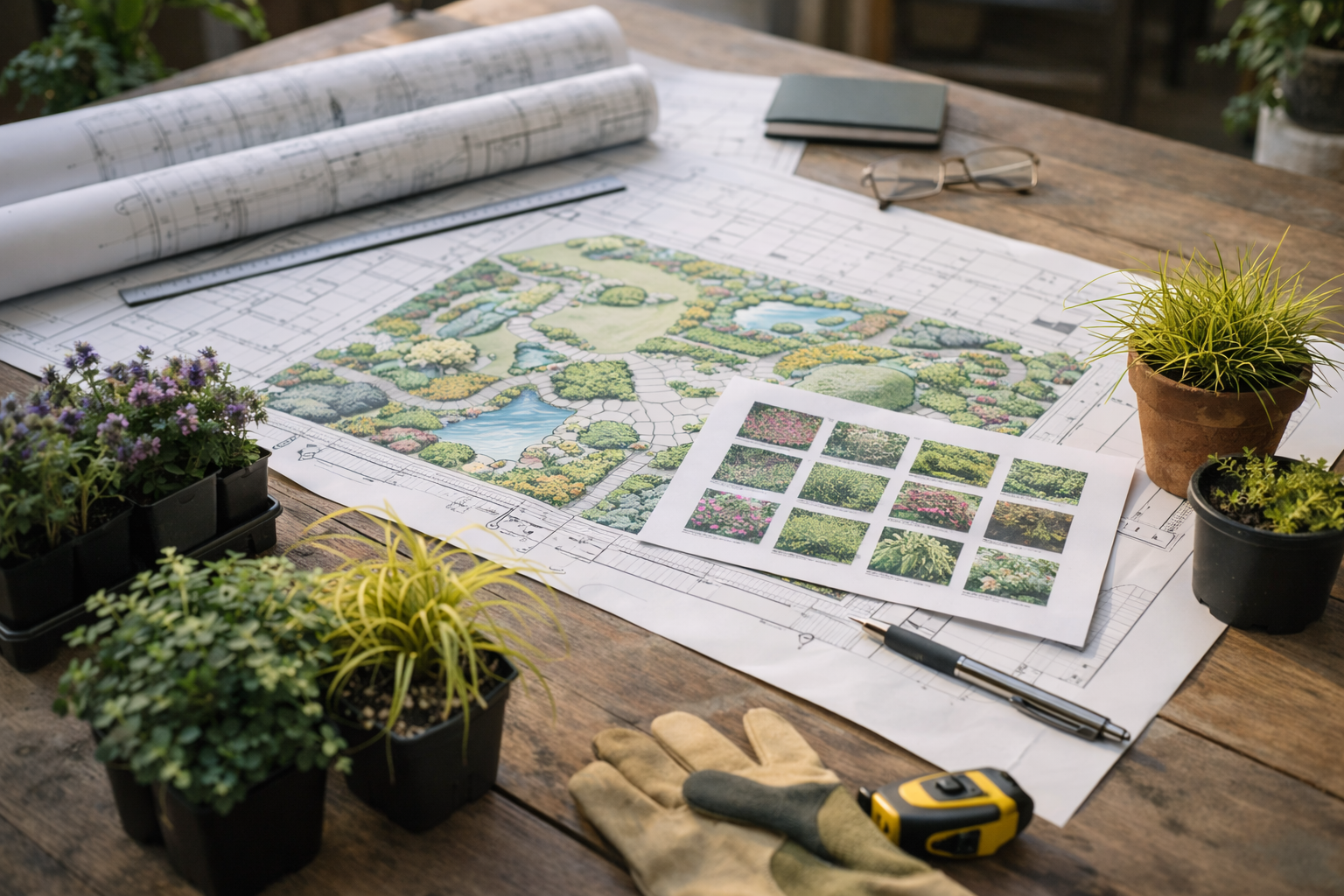 Landscape design blueprints with plant samples