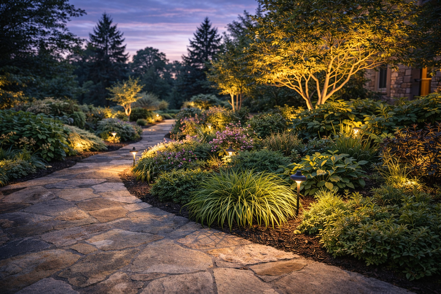 Garden path lit by landscape lighting at dusk