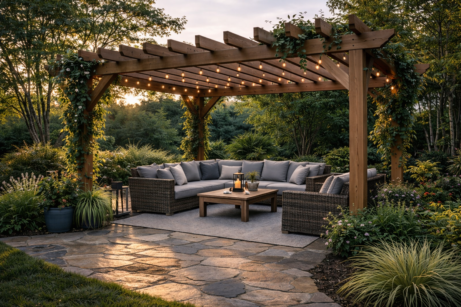 Modern pergola with climbing vines