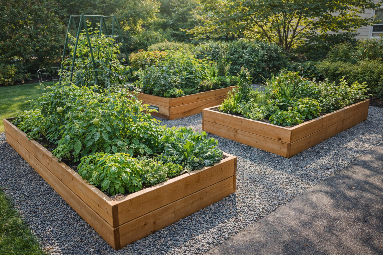 Wooden raised garden beds with vegetables