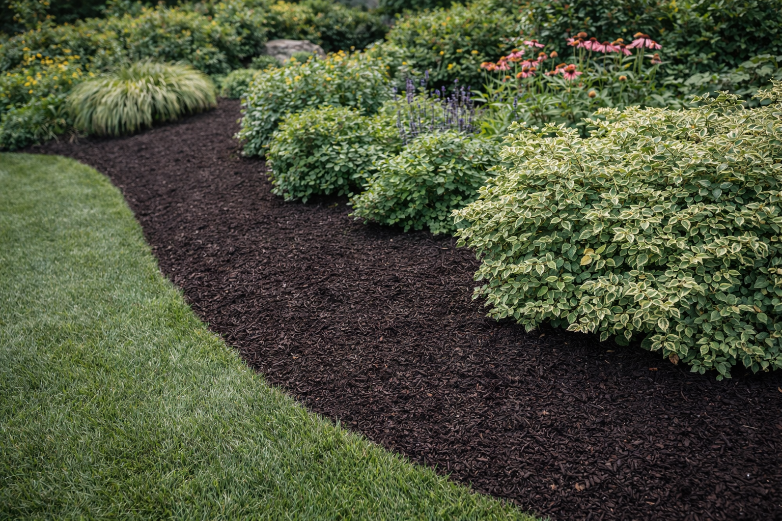 Fresh mulch around plants in garden bed